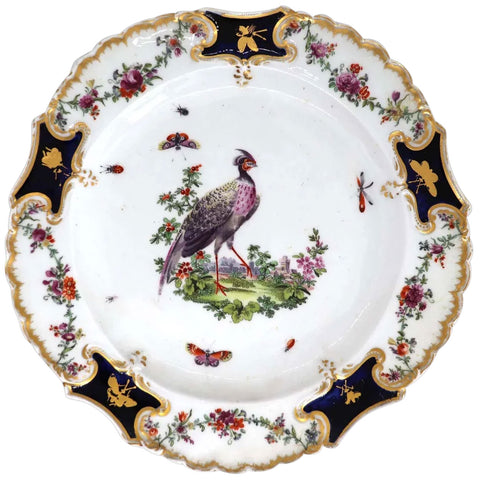 English Chelsea Soft Paste Porcelain Exotic Bird Gilt and Mazarine-Blue Mecklenberg-Strelitz Type Plate