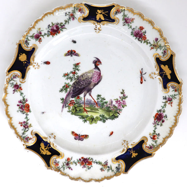 English Chelsea Soft Paste Porcelain Exotic Bird Gilt and Mazarine-Blue Mecklenberg-Strelitz Type Plate