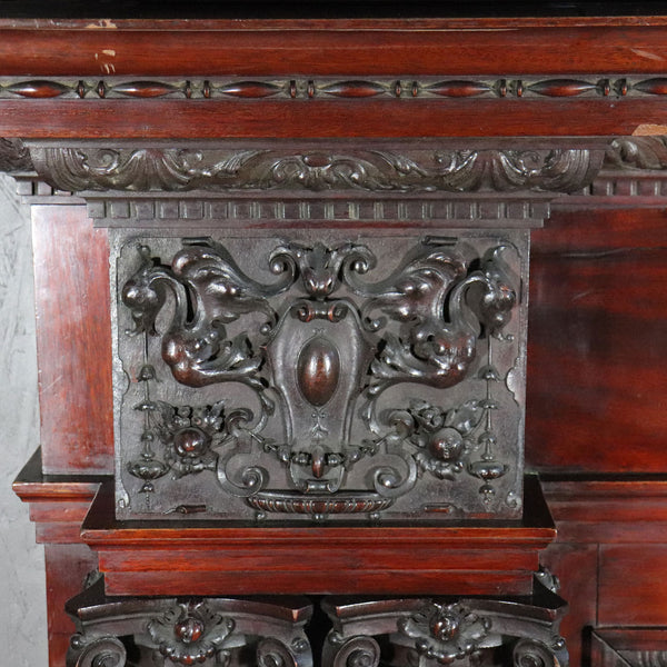Grand American Renaissance Revival Mahogany Beveled Mirrored Trumeau Fireplace