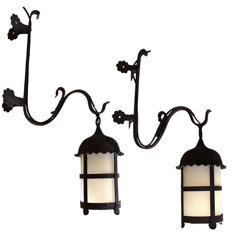 Pair American Lafayette Hughes Mansion Wrought Iron, Bronze One-Light Wall Lanterns