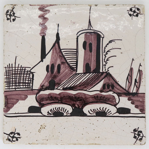 Dutch Delftware Puce and Black Tin Glazed Pottery House Tile