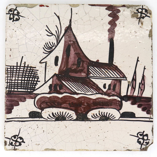 Dutch Delft Puce and Black Tin Glazed Painted Pottery House Tile