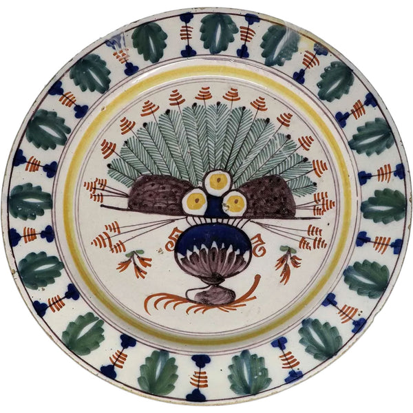 Early Dutch Delft Pottery Polychrome Peacock Pattern Pottery Plate