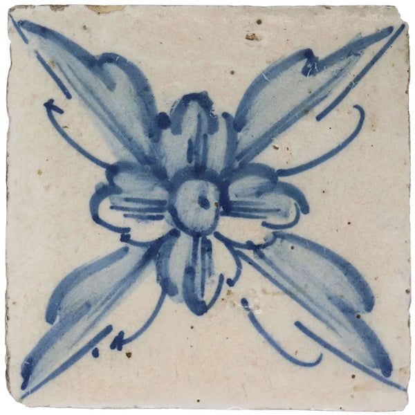 Portuguese Cobalt Tin Glazed Pottery Floral Azulejo Tile