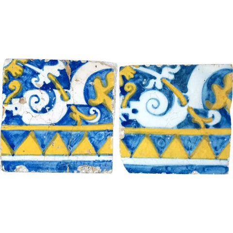 Rare Set of Two Portuguese Baroque Tin Glazed Pottery Architectural Azulejo Tiles