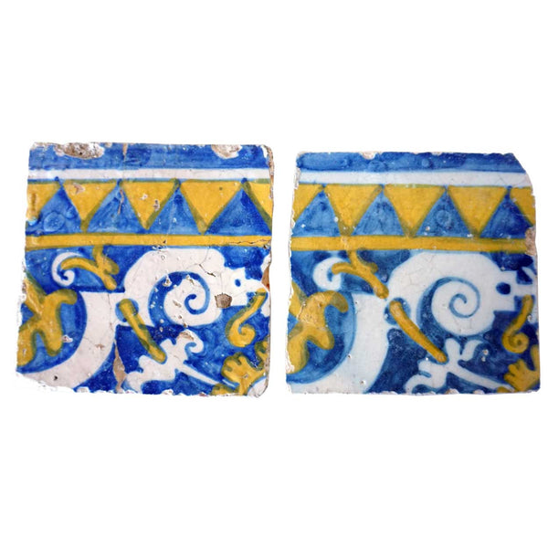 Rare Set of Two Portuguese Baroque Tin Glazed Pottery Architectural Azulejo Tiles