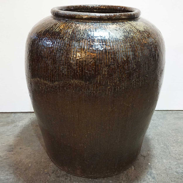 Large Chinese Qing Brown Glazed Pottery Water Urn