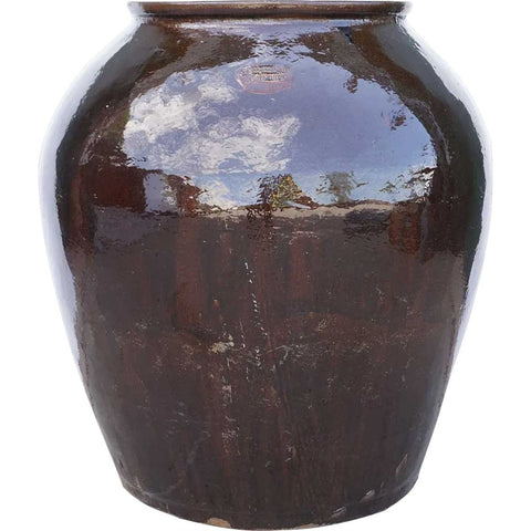 Very Large Vintage Chinese Shiny Brown Glazed Pottery Jar / Garden Urn