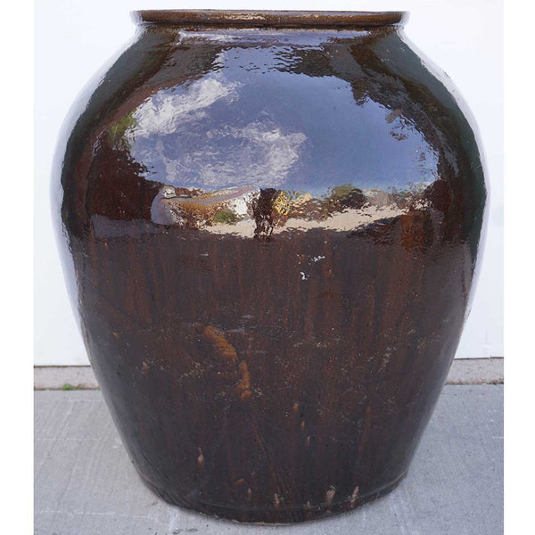 Very Large Vintage Chinese Shiny Brown Glazed Pottery Jar / Garden Urn