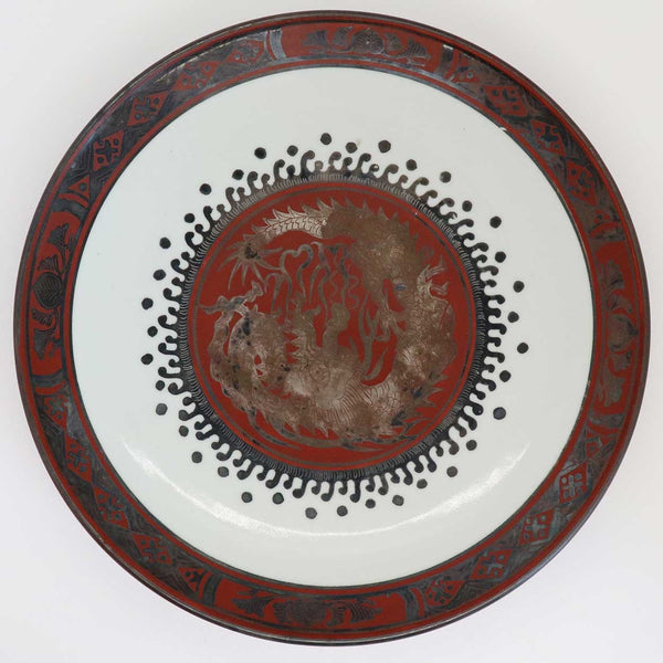 Japanese EIRAKU WAZEN Silver Iron Red Porcelain Round Dragon Plate