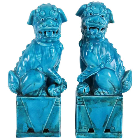 Pair of Vintage Chinese Hollywood Regency Turquoise Glaze Pottery Foo Dog Statuettes