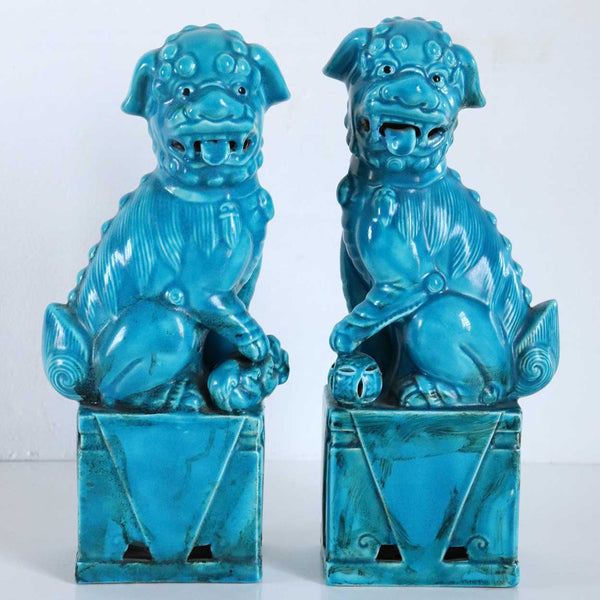 Pair of Vintage Chinese Hollywood Regency Turquoise Glaze Pottery Foo Dog Statuettes