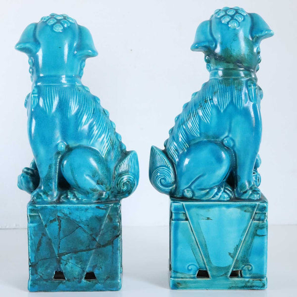 Pair of Vintage Chinese Hollywood Regency Turquoise Glaze Pottery Foo Dog Statuettes