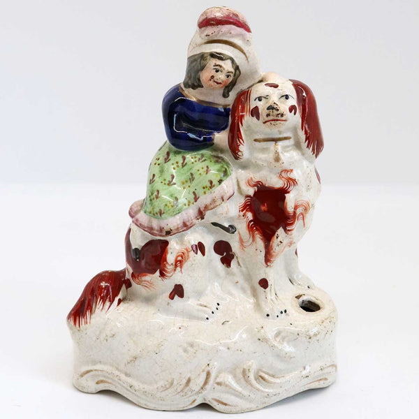 Scarce English Staffordshire Pottery Figural Girl and Spaniel Dog Quill Pen Holder