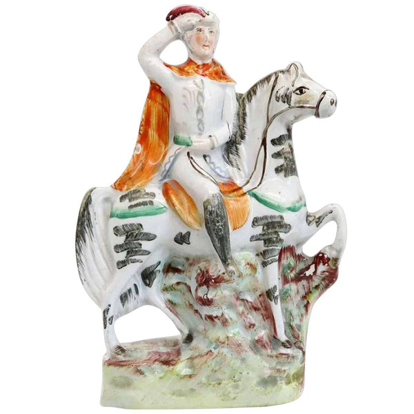 English Staffordshire Pottery Flatback Figural Group of a Military Figure on Horseback