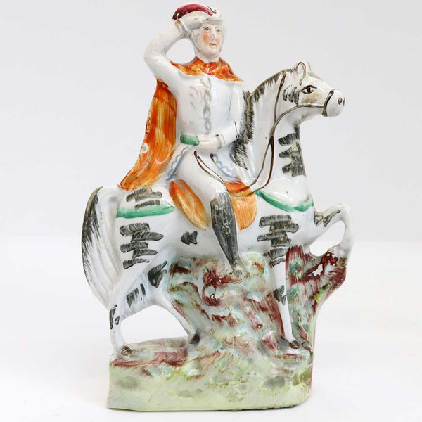 English Staffordshire Pottery Flatback Figural Group of a Military Figure on Horseback