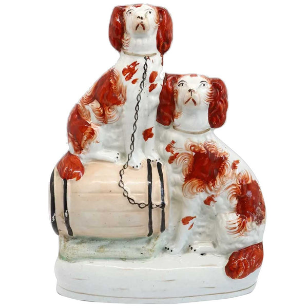 English Staffordshire Pottery Flatback Figural Group Pair of Spaniel Dogs on a Barrel