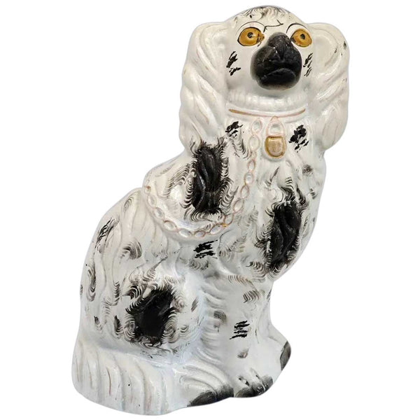 Large English Staffordshire Pottery Flatback Black and White Spaniel Dog