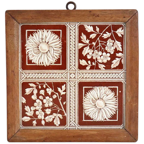 English Aesthetic Movement Teak Framed Pottery Botanical Tile