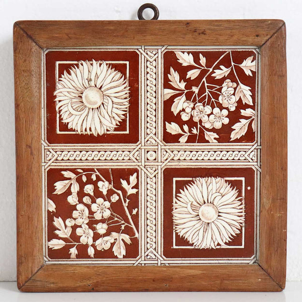 English Aesthetic Movement Teak Framed Pottery Botanical Tile