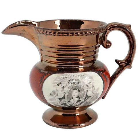 Small English Copper Luster and Transferware Pottery Historical Lafayette Cornwallis Pitcher