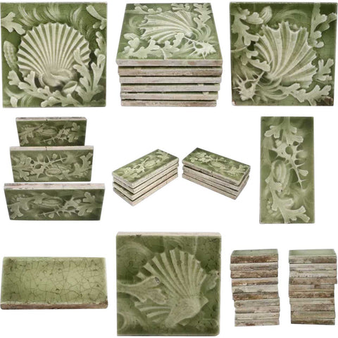 Collection of 92 American ISAAC BROOME for Providential Green Glazed Shell Fireplace Tiles