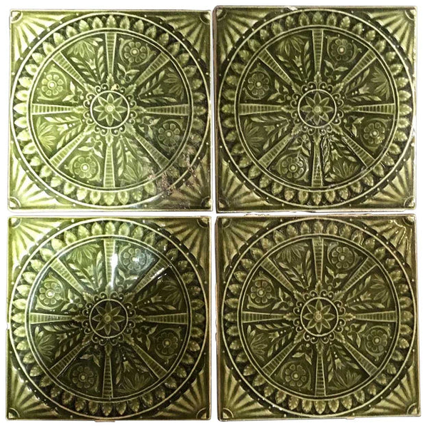 Set of Four American Hamilton Tile Works Aesthetic Movement Green Pottery Tiles