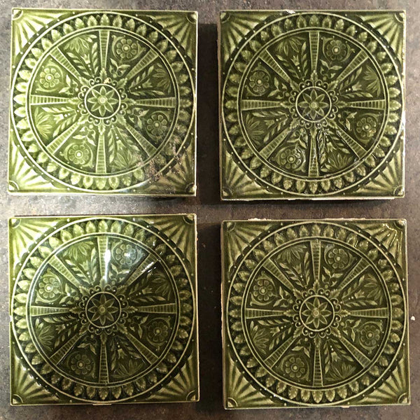 Set of Four American Hamilton Tile Works Aesthetic Movement Green Pottery Tiles