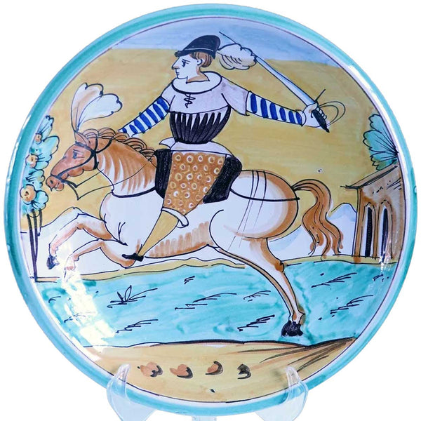 Vintage Italian Majolica Pottery Charger Plate, Soldier on Horseback