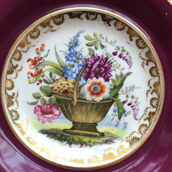 Set of Five English Samuel Alcock Porcelain Floral Basket Claret Ground Plates
