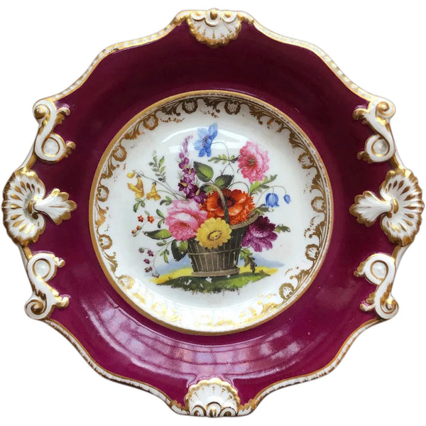 Set of Five English Samuel Alcock Porcelain Floral Basket Claret Ground Plates