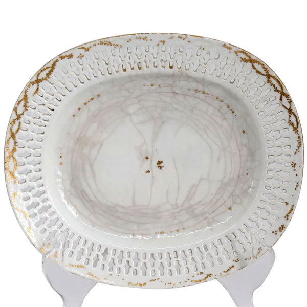 Chinese Export Porcelain Oval Reticulated Gold Trim Serving Dish
