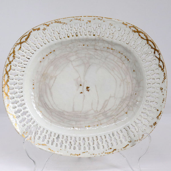 Chinese Export Porcelain Oval Reticulated Gold Trim Serving Dish