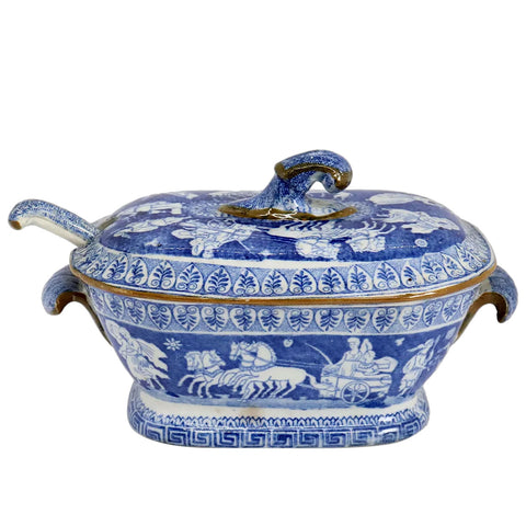 English Herculaneum Blue and White Transferware Pottery Greek Pattern Tureen and Ladle