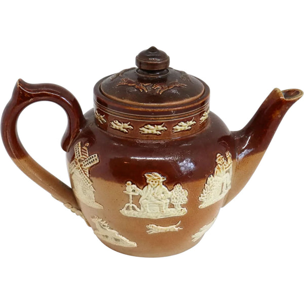 Small English Victorian Lambeth Salt Glazed Stoneware Pottery Teapot