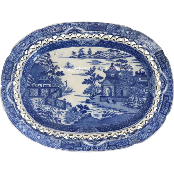 English Staffordshire Transferware Pottery Bridgeless Chinoiserie Reticulated Platter
