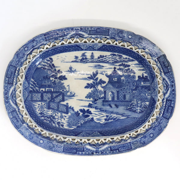English Staffordshire Transferware Pottery Bridgeless Chinoiserie Reticulated Platter