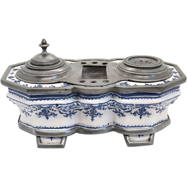 French Rouen Pewter Mounted Blue and White Faience Pottery Inkstand