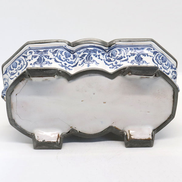 French Rouen Pewter Mounted Blue and White Faience Pottery Inkstand
