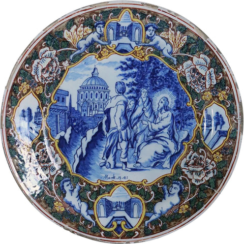 Large Dutch Delft Tin Glazed Pottery Polychrome Religious Scene Plate