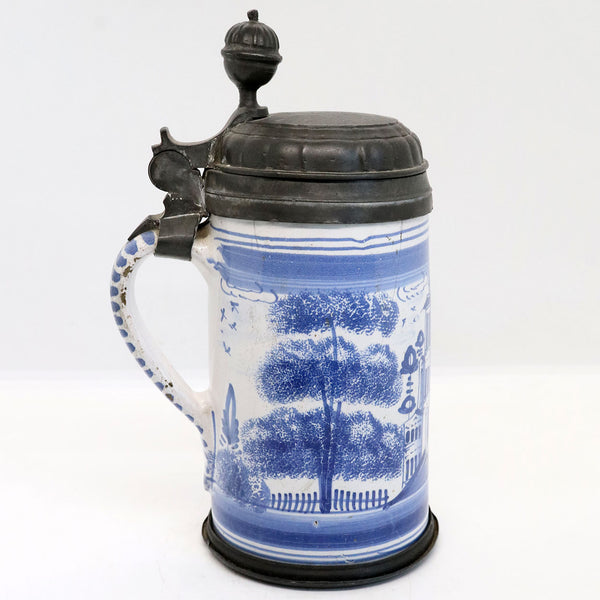German Bayreuth Faience Pottery Pewter Mounted Blue and White Tankard