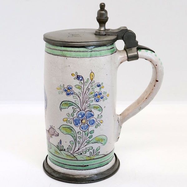 German Pewter Mounted Faience Pottery Ale Stein (Krug)