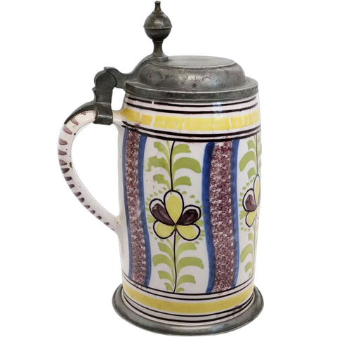 German Pewter Mounted Faience Pottery Floral Tankard