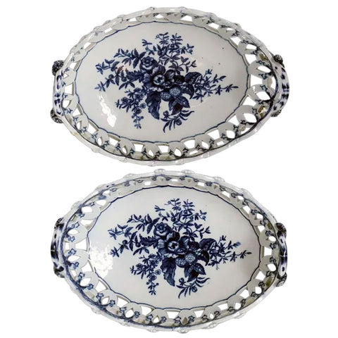 Pair English 1st Period Dr. Wall Worcester Soft Paste Porcelain Pine Cone Oval Baskets