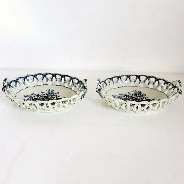 Pair English 1st Period Dr. Wall Worcester Soft Paste Porcelain Pine Cone Oval Baskets
