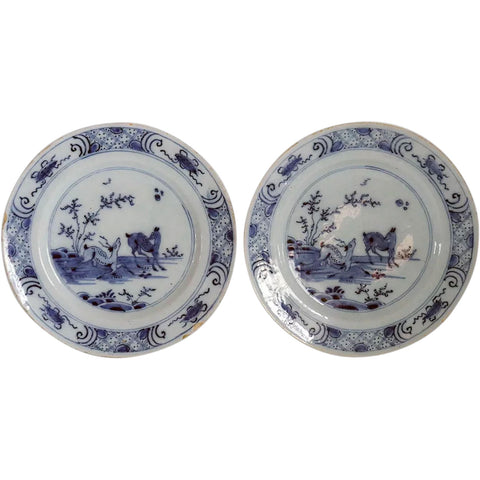 Pair of Dutch Delft Pottery Blue and White Deer Plates