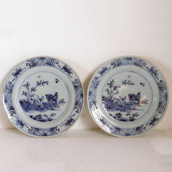 Pair of Dutch Delft Pottery Blue and White Deer Plates