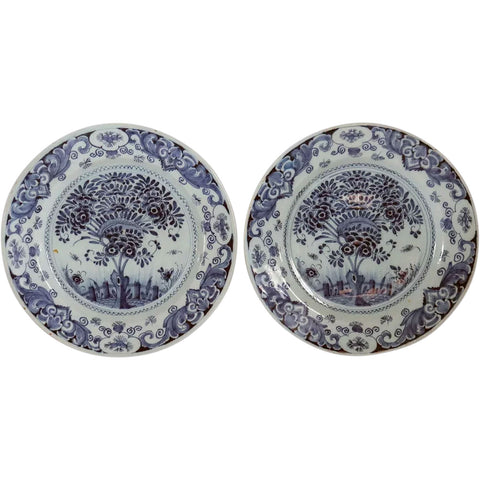 Pair Dutch Delft 't Fortuyn Factory Tin-Glazed Pottery Blue and White Plates