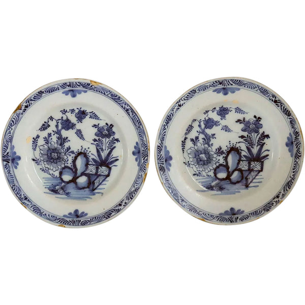 Pair of Dutch Delft Chinoiserie Pottery Blue and White Plates