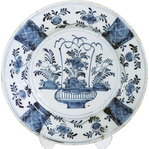 Dutch Delft Kraak Style Tin-Glazed Earthenware Blue and White Floral Plate